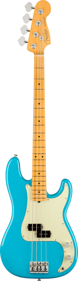 The image shows a 4-string electric bass guitar, likely a Fender Precision Bass, with a bright blue/turquoise glossy body and cream pickguard. It features a maple neck with black dot inlays, four chrome tuning pegs on a classic Fender-style headstock, a split-coil pickup, chrome bridge, and standard volume and tone knobs. This instrument is commonly used in various music genres for rhythm and low-end foundation.