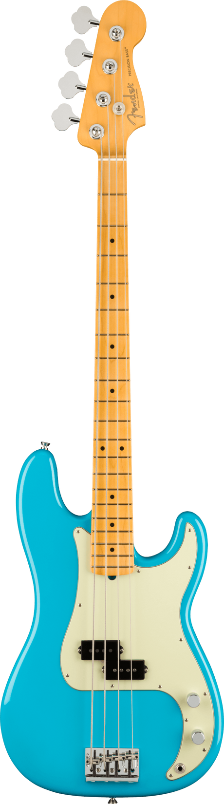 The image shows a 4-string electric bass guitar, likely a Fender Precision Bass, with a bright blue/turquoise glossy body and cream pickguard. It features a maple neck with black dot inlays, four chrome tuning pegs on a classic Fender-style headstock, a split-coil pickup, chrome bridge, and standard volume and tone knobs. This instrument is commonly used in various music genres for rhythm and low-end foundation.