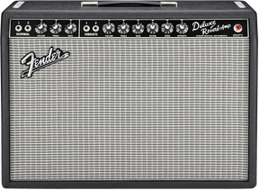 The image shows a Fender Deluxe Reverb guitar amplifier with a black tolex exterior and silver grille featuring the Fender logo. It has a top control panel with knobs for tone, volume, reverb, and vibrato, two input jacks, and a carrying handle. This classic tube amp is known for its warm tone, built-in spring reverb, vibrato, and 22 watts of power, popular in blues, rock, country, and jazz.