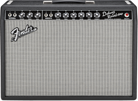 The image shows a Fender Deluxe Reverb guitar amplifier with a black tolex exterior and silver grille featuring the Fender logo. It has a top control panel with knobs for tone, volume, reverb, and vibrato, two input jacks, and a carrying handle. This classic tube amp is known for its warm tone, built-in spring reverb, vibrato, and 22 watts of power, popular in blues, rock, country, and jazz.