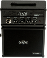 The image shows an EVH 5150III Micro Stack, a compact guitar amplifier modeled after Eddie Van Halen's 5150 series. It features a top head unit with controls and a headphone jack, and a bottom cabinet housing the speaker. Designed as a portable practice amp, it delivers EVH’s iconic high-gain tone in a small format, with the EVH logo visible on both parts.