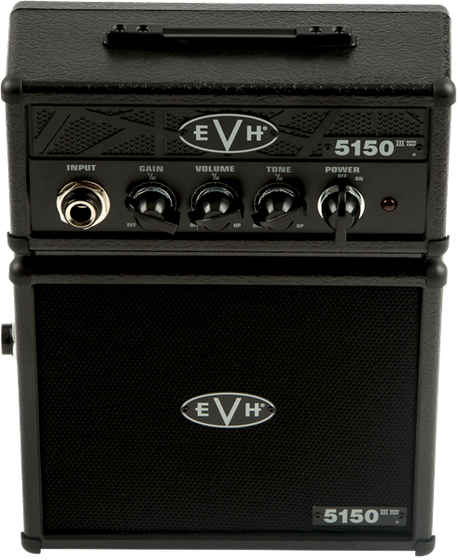 The image shows an EVH 5150III Micro Stack, a compact guitar amplifier modeled after Eddie Van Halen's 5150 series. It features a top head unit with controls and a headphone jack, and a bottom cabinet housing the speaker. Designed as a portable practice amp, it delivers EVH’s iconic high-gain tone in a small format, with the EVH logo visible on both parts.