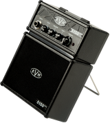 The image shows a compact EVH (Eddie Van Halen) 5150 guitar amplifier with a two-piece design: a detachable amp head featuring tone and volume controls, and a speaker cabinet displaying the EVH logo. It has a black finish with silver accents and a small side kickstand. This mini amp is ideal for practice or small gigs, known for delivering high-gain rock and metal tones inspired by Eddie Van Halen's iconic sound.