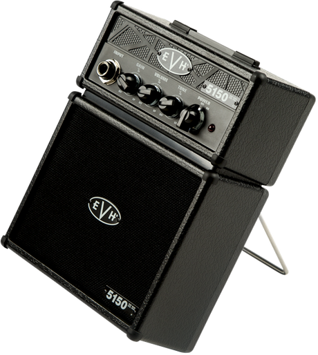 The image shows a compact EVH (Eddie Van Halen) 5150 guitar amplifier with a two-piece design: a detachable amp head featuring tone and volume controls, and a speaker cabinet displaying the EVH logo. It has a black finish with silver accents and a small side kickstand. This mini amp is ideal for practice or small gigs, known for delivering high-gain rock and metal tones inspired by Eddie Van Halen's iconic sound.