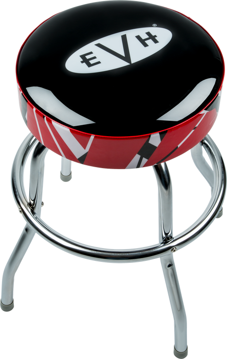 The image shows a music-themed bar stool featuring a round padded black seat with a white EVH logo in an oval. The seat sides have red and white stripes inspired by Eddie Van Halen's guitar design. It has a chrome swivel base with four legs and a footrest ring. This EVH-branded stool is likely intended for music stores, guitar shops, home studios, or music rooms.