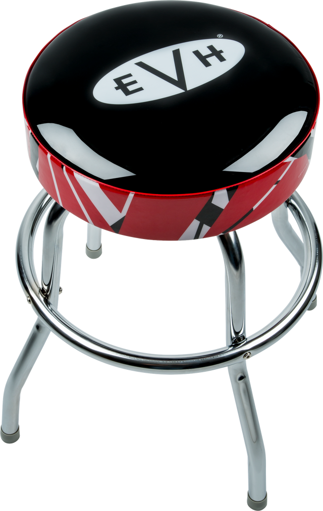 The image shows a music-themed bar stool featuring a round padded black seat with a white EVH logo in an oval. The seat sides have red and white stripes inspired by Eddie Van Halen's guitar design. It has a chrome swivel base with four legs and a footrest ring. This EVH-branded stool is likely intended for music stores, guitar shops, home studios, or music rooms.