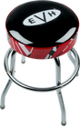 The image shows a music-themed bar stool featuring a round padded black seat with a white EVH logo in an oval. The seat sides have red and white stripes inspired by Eddie Van Halen's guitar design. It has a chrome swivel base with four legs and a footrest ring. This EVH-branded stool is likely intended for music stores, guitar shops, home studios, or music rooms.