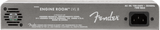 The image shows the back panel of a Fender "Engine Room LVL 8" amplifier. It features a standard IEC power inlet (100-240V, 50/60Hz, 75W max), ventilation grilles, mounting holes, and the Fender logo. The panel lists the manufacturer as Fender Musical Instruments Corp., located in Corona, CA, with the unit made in China. This digital guitar amplifier or multi-effects processor is designed for international use.
