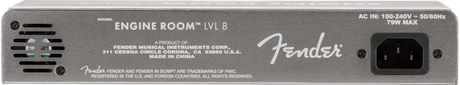 The image shows the back panel of a Fender "Engine Room LVL 8" amplifier. It features a standard IEC power inlet (100-240V, 50/60Hz, 75W max), ventilation grilles, mounting holes, and the Fender logo. The panel lists the manufacturer as Fender Musical Instruments Corp., located in Corona, CA, with the unit made in China. This digital guitar amplifier or multi-effects processor is designed for international use.