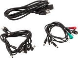 The image shows a collection of audio cables and connectors used in music production. At the top is a USB cable for digital instruments or interfaces. On the bottom left are 1/4" patch cables for guitars and synthesizers. On the bottom right is a bundle with RCA plugs and 1/4" connectors for linking mixers, audio interfaces, and sound systems. These cables are essential for connecting musical equipment in studios and live setups.