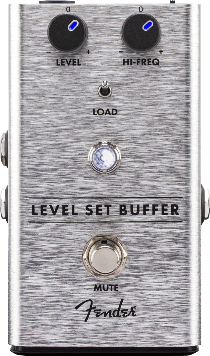 The image shows a Fender Level Set Buffer guitar pedal in a brushed aluminum enclosure. It features two top knobs labeled "LEVEL" and "HI-FREQ" with blue LEDs, a central "LOAD" toggle switch, a large "MUTE" footswitch, and a bypass footswitch with LED. Designed to preserve signal integrity and tone, it offers output level, high-frequency adjustment, impedance options, and mute functionality, bearing the classic Fender logo.
