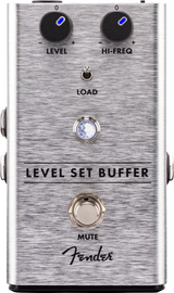 The image shows a Fender Level Set Buffer guitar pedal in a brushed aluminum enclosure. It features two top knobs labeled "LEVEL" and "HI-FREQ" with blue LEDs, a central "LOAD" toggle switch, a large "MUTE" footswitch, and a bypass footswitch with LED. Designed to preserve signal integrity and tone, it offers output level, high-frequency adjustment, impedance options, and mute functionality, bearing the classic Fender logo.
