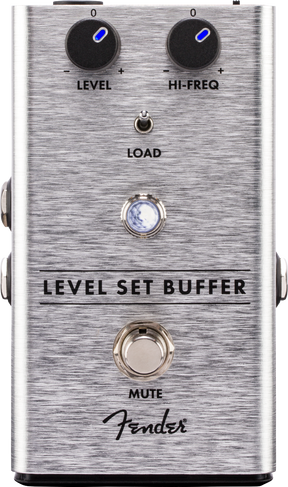 The image shows a Fender Level Set Buffer guitar pedal in a brushed aluminum enclosure. It features two top knobs labeled "LEVEL" and "HI-FREQ" with blue LEDs, a central "LOAD" toggle switch, a large "MUTE" footswitch, and a bypass footswitch with LED. Designed to preserve signal integrity and tone, it offers output level, high-frequency adjustment, impedance options, and mute functionality, bearing the classic Fender logo.