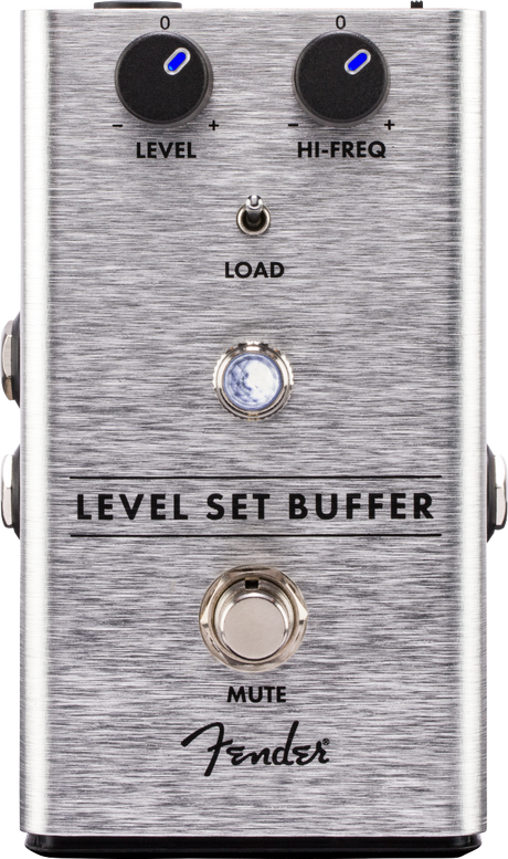 The image shows a Fender Level Set Buffer guitar pedal in a brushed aluminum enclosure. It features two top knobs labeled "LEVEL" and "HI-FREQ" with blue LEDs, a central "LOAD" toggle switch, a large "MUTE" footswitch, and a bypass footswitch with LED. Designed to preserve signal integrity and tone, it offers output level, high-frequency adjustment, impedance options, and mute functionality, bearing the classic Fender logo.