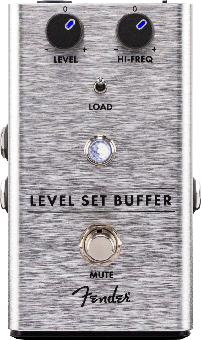 The image shows a Fender Level Set Buffer guitar pedal in a brushed aluminum enclosure. It features two top knobs labeled "LEVEL" and "HI-FREQ" with blue LEDs, a central "LOAD" toggle switch, a large "MUTE" footswitch, and a bypass footswitch with LED. Designed to preserve signal integrity and tone, it offers output level, high-frequency adjustment, impedance options, and mute functionality, bearing the classic Fender logo.