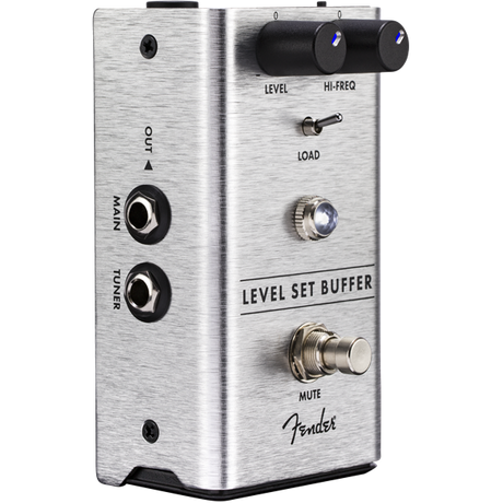 The image shows a Fender Level Set Buffer guitar pedal in a compact brushed aluminum enclosure. It features Level and Hi-Freq knobs, a load switch to simulate amplifier input impedance, Main and Tuner input/output jacks, a mute footswitch for silent tuning, an LED indicator, and Fender branding. This buffer pedal preserves signal integrity over long cable runs and offers tuning and impedance options for guitarists and bassists.