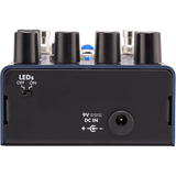 The image shows a compact black guitar effects pedal with four control knobs, input/output jacks, a 9V DC power input, and an LED indicator for on/off status. Designed to modify electric guitar sounds, it allows musicians to create effects like distortion, delay, or chorus by stepping on the pedal to engage or bypass the effect. Its durable build suits both live and studio use.