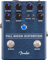 The image shows a Fender Full Moon Distortion pedal with a blue brushed metal finish. It has two rows of knobs for HI-TREB, TREBLE, MIDDLE, BASS, LEVEL, BOOST, and GAIN, plus toggle switches for TEXTURE and BITE. There are dual footswitches labeled BYPASS and BOOST, with blue LED indicators. This high-end pedal offers extensive tone shaping and separate boost control for versatile distortion sounds.