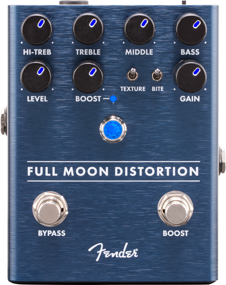 The image shows a Fender Full Moon Distortion pedal with a blue brushed metal finish. It has two rows of knobs for HI-TREB, TREBLE, MIDDLE, BASS, LEVEL, BOOST, and GAIN, plus toggle switches for TEXTURE and BITE. There are dual footswitches labeled BYPASS and BOOST, with blue LED indicators. This high-end pedal offers extensive tone shaping and separate boost control for versatile distortion sounds.
