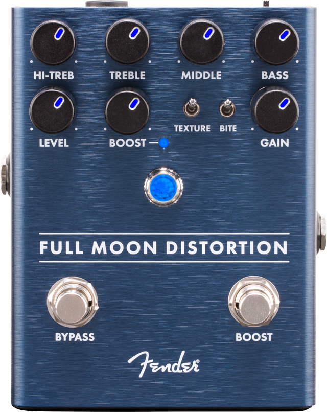 The image shows a Fender Full Moon Distortion pedal with a blue brushed metal finish. It has two rows of knobs for HI-TREB, TREBLE, MIDDLE, BASS, LEVEL, BOOST, and GAIN, plus toggle switches for TEXTURE and BITE. There are dual footswitches labeled BYPASS and BOOST, with blue LED indicators. This high-end pedal offers extensive tone shaping and separate boost control for versatile distortion sounds.