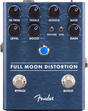The image shows a Fender Full Moon Distortion pedal with a blue brushed metal finish. It has two rows of knobs for HI-TREB, TREBLE, MIDDLE, BASS, LEVEL, BOOST, and GAIN, plus toggle switches for TEXTURE and BITE. There are dual footswitches labeled BYPASS and BOOST, with blue LED indicators. This high-end pedal offers extensive tone shaping and separate boost control for versatile distortion sounds.