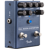 The image shows a Fender Full Moon Distortion guitar effects pedal with a blue brushed metal finish. It features control knobs for Hi-Treb, Treble, Middle, Bass, Level, Boost, and Gain. There are two footswitches labeled Bypass and Boost, an input jack, an output jack, and a blue LED indicator. This pedal adds distortion and overdrive to electric guitar signals, with EQ and boost controls to shape tone and increase gain.