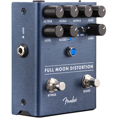 The image shows a Fender Full Moon Distortion guitar effects pedal with a blue brushed metal finish. It features control knobs for Hi-Treb, Treble, Middle, Bass, Level, Boost, and Gain. There are two footswitches labeled Bypass and Boost, an input jack, an output jack, and a blue LED indicator. This pedal adds distortion and overdrive to electric guitar signals, with EQ and boost controls to shape tone and increase gain.
