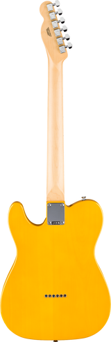 The image shows the back of a Telecaster-style electric guitar with a bright yellow butterscotch glossy body, classic single-cutaway shape, and a natural maple bolt-on neck. It features six chrome tuning machines with white buttons in a 6-inline configuration, a metal neck plate, and small holes at the body’s bottom. The guitar is displayed against a white background, highlighting its vintage-inspired design.