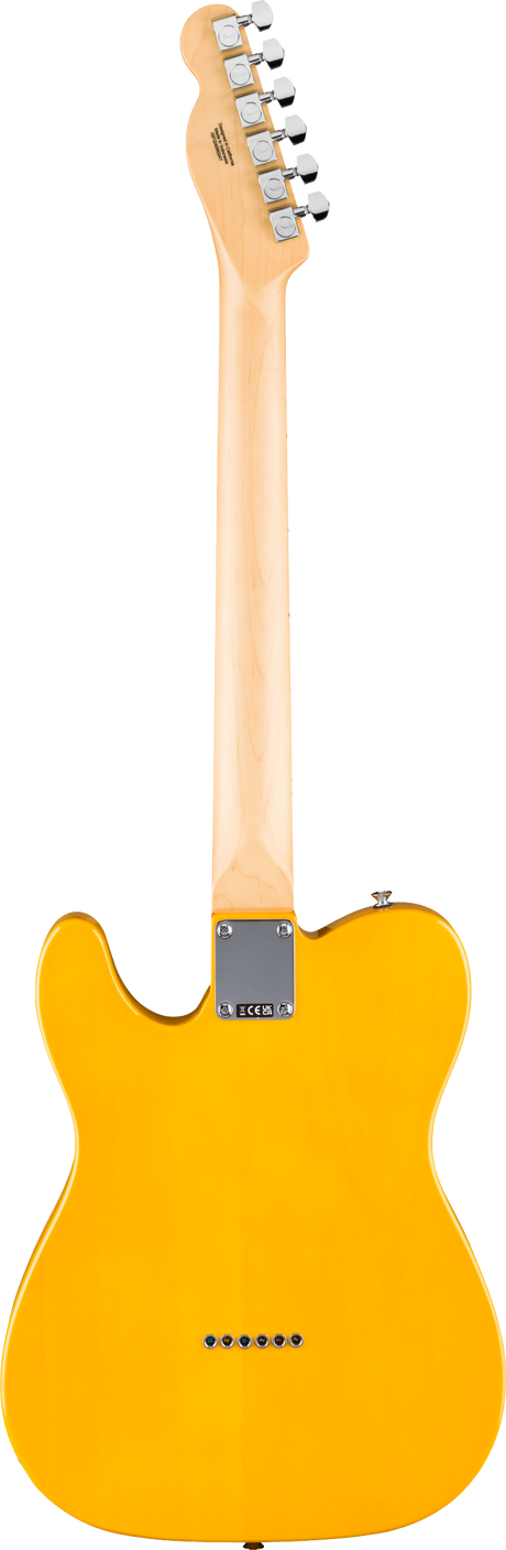 The image shows the back of a Telecaster-style electric guitar with a bright yellow butterscotch glossy body, classic single-cutaway shape, and a natural maple bolt-on neck. It features six chrome tuning machines with white buttons in a 6-inline configuration, a metal neck plate, and small holes at the body’s bottom. The guitar is displayed against a white background, highlighting its vintage-inspired design.