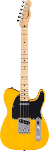 The image shows a bright butterscotch Fender Telecaster electric guitar with its iconic single-cutaway solid body. It features a natural wood headstock with the Fender logo, six chrome tuning pegs, a maple neck with dot fret markers, a black pickguard, two control knobs on a metal plate, a visible bridge pickup, and chrome bridge hardware. This classic model is in excellent condition, showcasing the timeless Telecaster design.