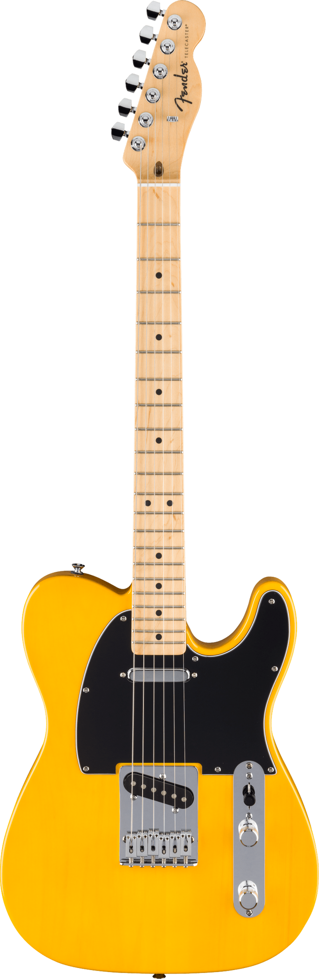 The image shows a bright butterscotch Fender Telecaster electric guitar with its iconic single-cutaway solid body. It features a natural wood headstock with the Fender logo, six chrome tuning pegs, a maple neck with dot fret markers, a black pickguard, two control knobs on a metal plate, a visible bridge pickup, and chrome bridge hardware. This classic model is in excellent condition, showcasing the timeless Telecaster design.