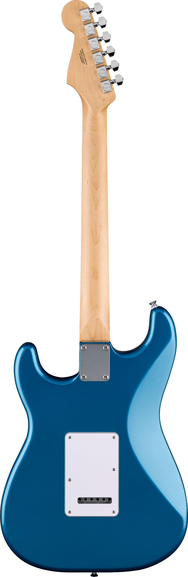 The image shows the back of a Stratocaster-style electric guitar with a blue burst finish. It features a solid body, natural maple bolt-on neck, chrome tuning machines, white pickup and control cavity covers, and a chrome tremolo bridge. The headstock has branding, and the guitar displays classic design elements and quality hardware, representing a modern, professional-grade instrument.