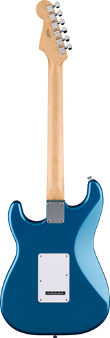 The image shows the back of a Stratocaster-style electric guitar with a blue burst finish. It features a solid body, natural maple bolt-on neck, chrome tuning machines, white pickup and control cavity covers, and a chrome tremolo bridge. The headstock has branding, and the guitar displays classic design elements and quality hardware, representing a modern, professional-grade instrument.