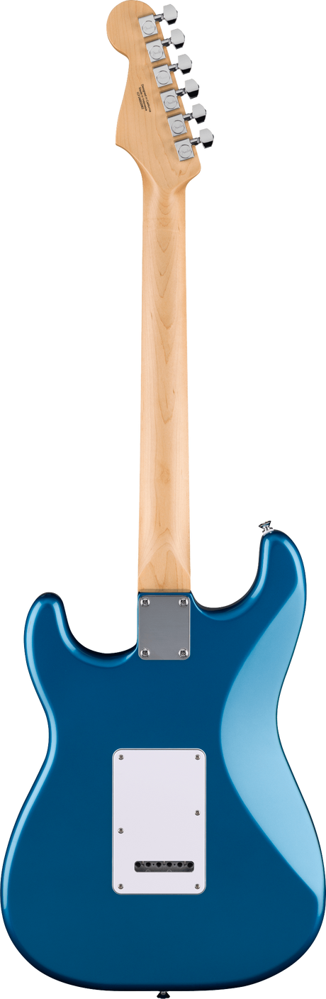 The image shows the back of a Stratocaster-style electric guitar with a blue burst finish. It features a solid body, natural maple bolt-on neck, chrome tuning machines, white pickup and control cavity covers, and a chrome tremolo bridge. The headstock has branding, and the guitar displays classic design elements and quality hardware, representing a modern, professional-grade instrument.