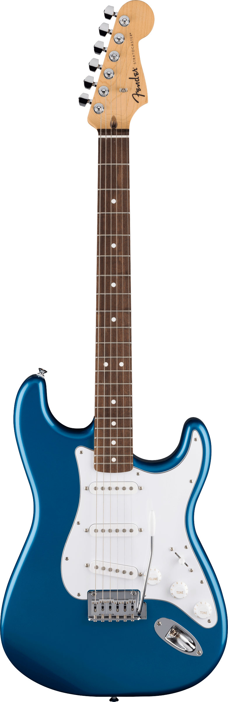 The image shows a Fender Stratocaster electric guitar with a blue metallic body, classic double cutaway shape, and a maple headstock featuring the Fender logo. It has six chrome tuners in a row, a dark rosewood fretboard with white dot markers, a white pickguard with three single-coil pickups, white control knobs, and a tremolo bridge. This iconic guitar is known for its versatile tone and comfortable playability.
