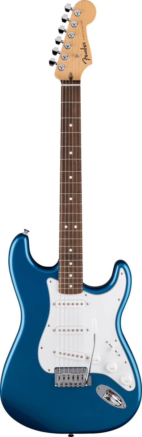 The image shows a Fender Stratocaster electric guitar with a blue metallic body, classic double cutaway shape, and a maple headstock featuring the Fender logo. It has six chrome tuners in a row, a dark rosewood fretboard with white dot markers, a white pickguard with three single-coil pickups, white control knobs, and a tremolo bridge. This iconic guitar is known for its versatile tone and comfortable playability.