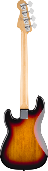 The image shows the back of a modern electric bass guitar with a natural maple headstock featuring four chrome open-gear tuners with white buttons. The light maple neck has a glossy finish and bolt-on construction with a visible neck plate. The body has a sunburst finish fading from dark edges to lighter center and a classic shape, suggesting a Fender-inspired design with high-gloss polyurethane coating.