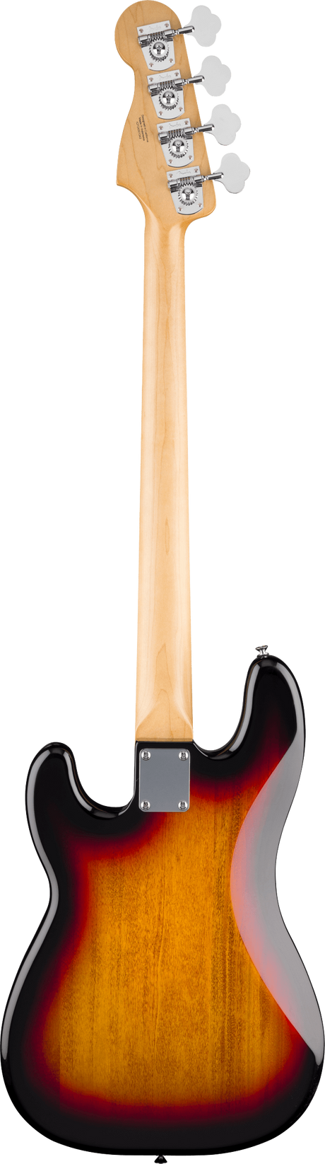 The image shows the back of a modern electric bass guitar with a natural maple headstock featuring four chrome open-gear tuners with white buttons. The light maple neck has a glossy finish and bolt-on construction with a visible neck plate. The body has a sunburst finish fading from dark edges to lighter center and a classic shape, suggesting a Fender-inspired design with high-gloss polyurethane coating.