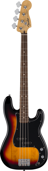 The image shows a Fender Precision Bass guitar with a sunburst finish. It features a natural wood headstock with the Fender logo and chrome tuning pegs, a rosewood fretboard with white dot inlays, a classic P-Bass body shape, black pickguard with split-coil pickups, and chrome bridge and control knobs. This 4-string bass is a staple instrument known for its vintage look and influential tone.