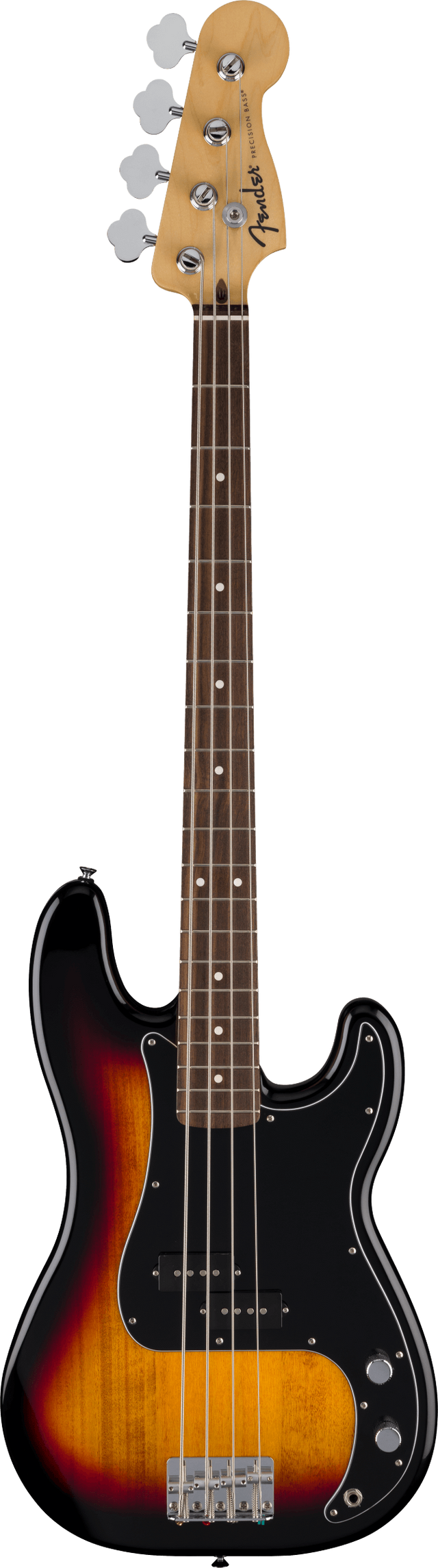 The image shows a Fender Precision Bass guitar with a sunburst finish. It features a natural wood headstock with the Fender logo and chrome tuning pegs, a rosewood fretboard with white dot inlays, a classic P-Bass body shape, black pickguard with split-coil pickups, and chrome bridge and control knobs. This 4-string bass is a staple instrument known for its vintage look and influential tone.