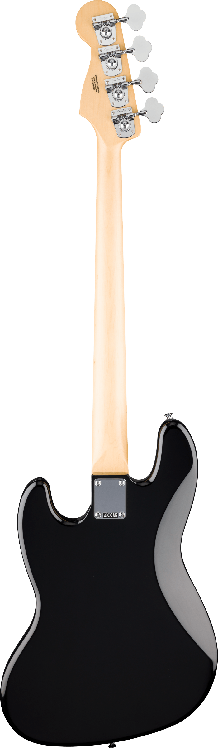 The image shows the back view of a standard 4-string electric bass guitar with a long maple neck and headstock featuring four chrome tuning pegs. It has a glossy black body with a classic bass shape and a visible neck plate at the joint. The quality hardware and bolt-on neck suggest a professional or semi-pro instrument, reminiscent of vintage Fender bass designs.