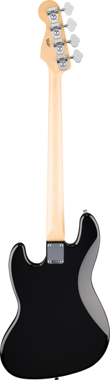 The image shows the back view of a standard 4-string electric bass guitar with a long maple neck and headstock featuring four chrome tuning pegs. It has a glossy black body with a classic bass shape and a visible neck plate at the joint. The quality hardware and bolt-on neck suggest a professional or semi-pro instrument, reminiscent of vintage Fender bass designs.