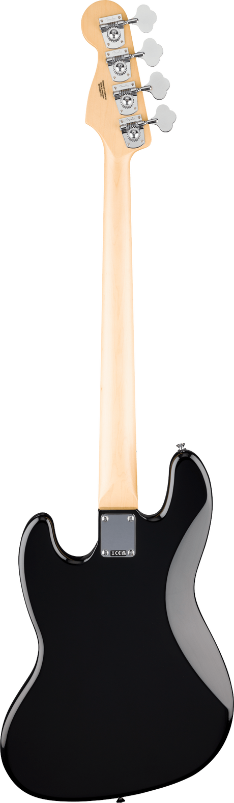 The image shows the back view of a standard 4-string electric bass guitar with a long maple neck and headstock featuring four chrome tuning pegs. It has a glossy black body with a classic bass shape and a visible neck plate at the joint. The quality hardware and bolt-on neck suggest a professional or semi-pro instrument, reminiscent of vintage Fender bass designs.