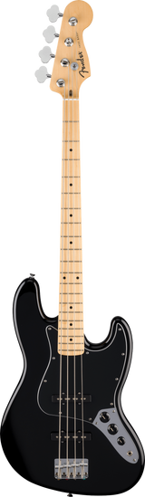 The image shows a Fender Jazz Bass electric guitar with a black offset double-cutaway body, light maple neck and fingerboard with dot inlays, and four strings. It features chrome tuning pegs in a 4-in-line headstock with the Fender logo, two single-coil pickups, a chrome bridge, and volume and tone controls. This classic 1960s design is known for its versatile tone and playability across many music genres.