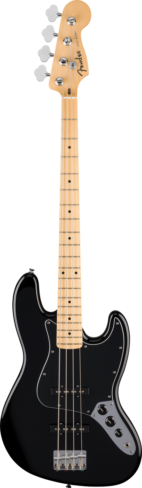 The image shows a Fender Jazz Bass electric guitar with a black offset double-cutaway body, light maple neck and fingerboard with dot inlays, and four strings. It features chrome tuning pegs in a 4-in-line headstock with the Fender logo, two single-coil pickups, a chrome bridge, and volume and tone controls. This classic 1960s design is known for its versatile tone and playability across many music genres.