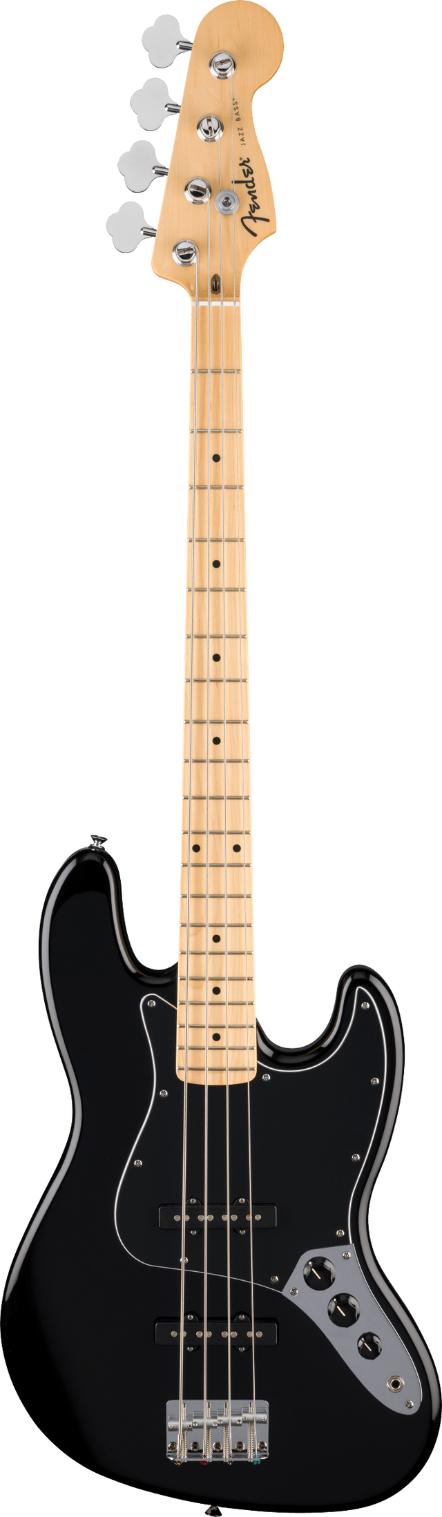 The image shows a Fender Jazz Bass electric guitar with a black offset double-cutaway body, light maple neck and fingerboard with dot inlays, and four strings. It features chrome tuning pegs in a 4-in-line headstock with the Fender logo, two single-coil pickups, a chrome bridge, and volume and tone controls. This classic 1960s design is known for its versatile tone and playability across many music genres.