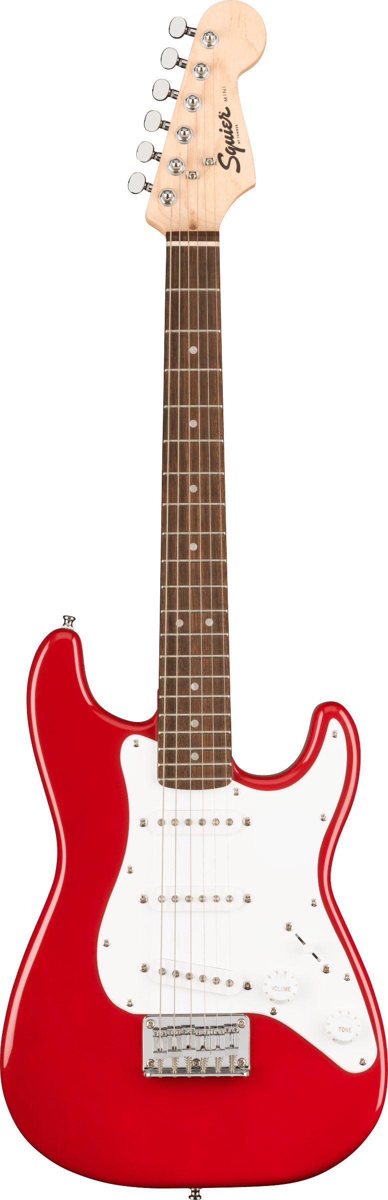 The image shows a Squier Stratocaster-style electric guitar with a bright red double-cutaway body, white pickguard, and three single-coil pickups (SSS). It has a maple neck with a dark fretboard, dot inlays, six-in-line tuners on a matching headstock with the Squier logo, and chrome hardware including a tremolo bridge. This budget-friendly model offers classic Strat design and good playability for beginners to intermediate players.