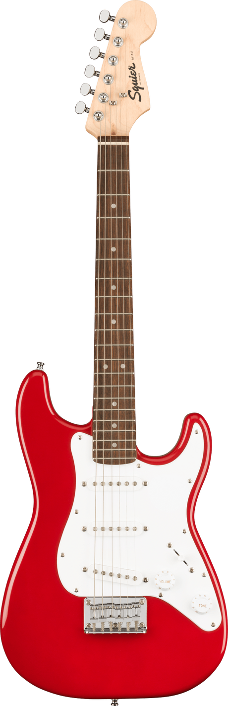 The image shows a Squier Stratocaster-style electric guitar with a bright red double-cutaway body, white pickguard, and three single-coil pickups (SSS). It has a maple neck with a dark fretboard, dot inlays, six-in-line tuners on a matching headstock with the Squier logo, and chrome hardware including a tremolo bridge. This budget-friendly model offers classic Strat design and good playability for beginners to intermediate players.
