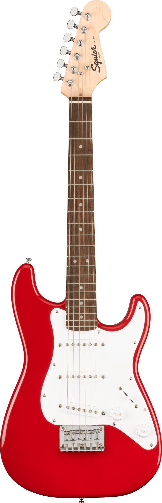 The image shows a Squier Stratocaster-style electric guitar with a bright red double-cutaway body, white pickguard, and three single-coil pickups (SSS). It has a maple neck with a dark fretboard, dot inlays, six-in-line tuners on a matching headstock with the Squier logo, and chrome hardware including a tremolo bridge. This budget-friendly model offers classic Strat design and good playability for beginners to intermediate players.