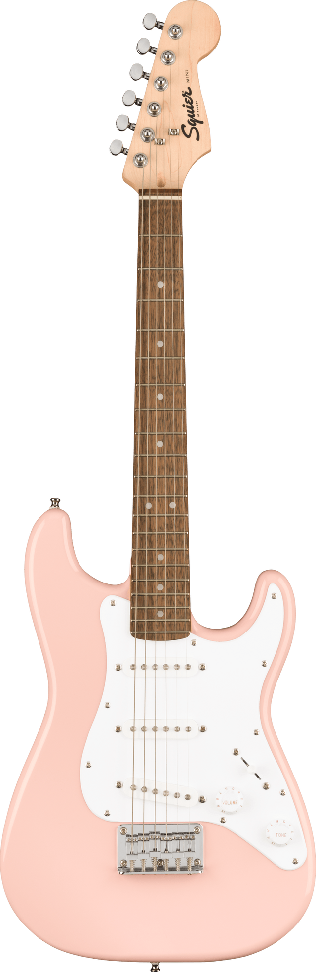 The image shows a Squier Stratocaster-style electric guitar with a distinctive shell pink finish. It features a solid body, white pickguard with three single-coil pickups, chrome hardware, a light maple headstock, and a darker fretboard with dot inlays. This budget-friendly model combines classic design and vintage-inspired style, making it ideal for beginners and intermediate players.